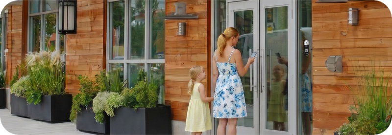 A visitor scans the PhoneTag Intercom at an office entrance