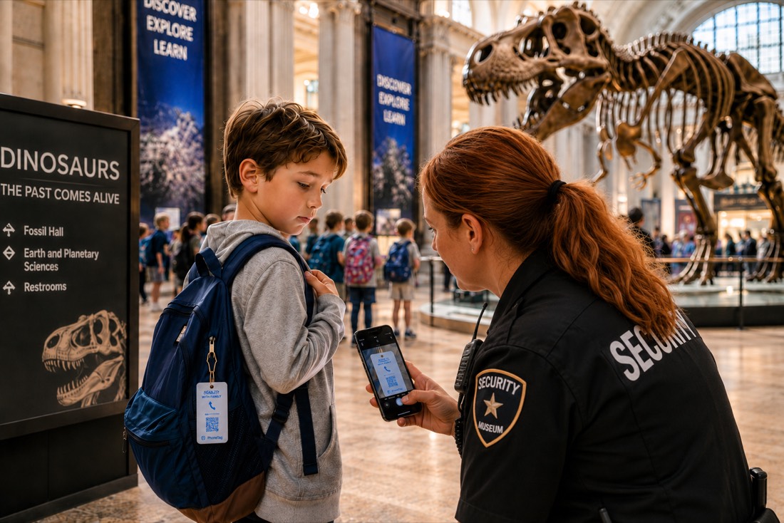 A chaperone scans a child's PhoneTag at the museum