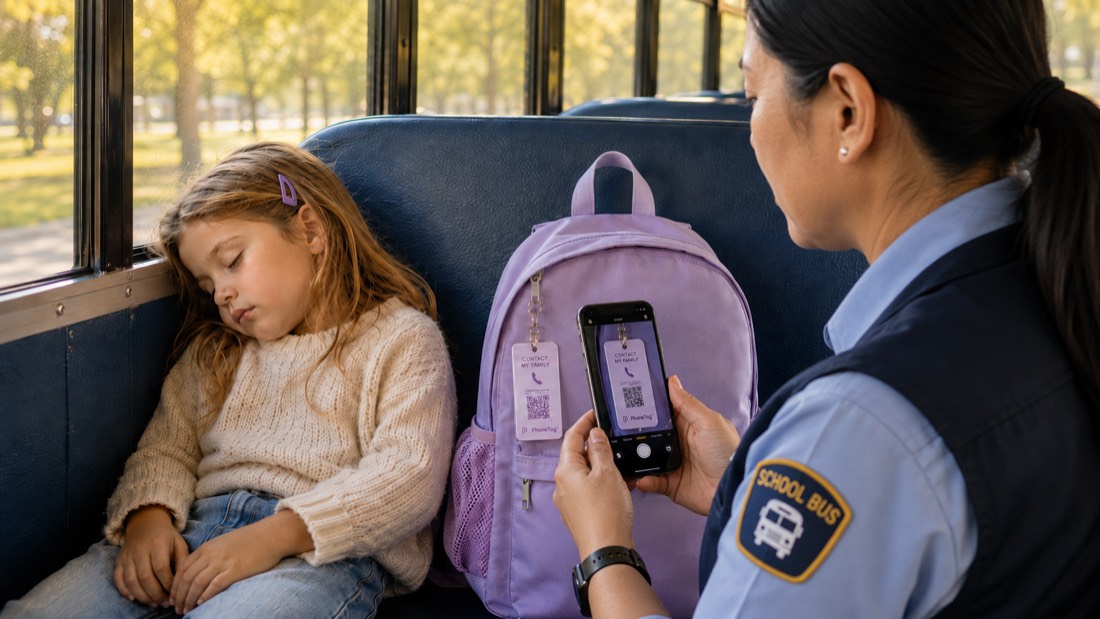A bus driver scans the PhoneTag on a sleeping child's backpack