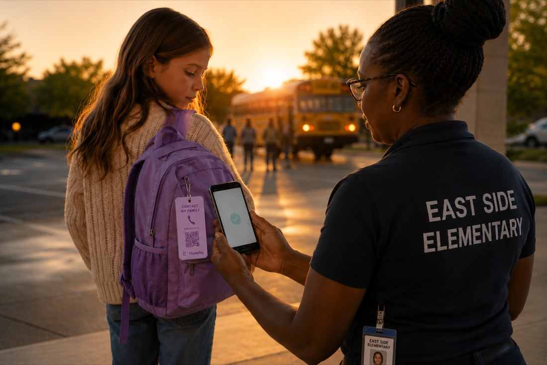 A school administrator scans the PhoneTag on a child's backpack