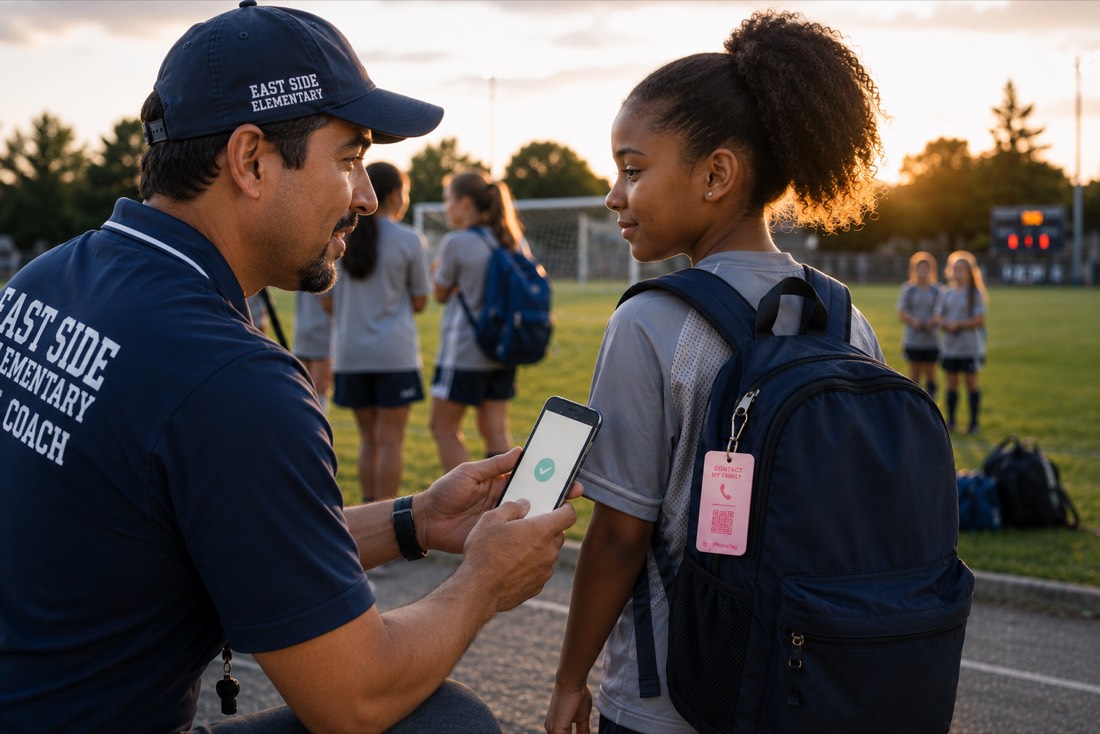 A coach scans the PhoneTag on a young player's backpack after practice